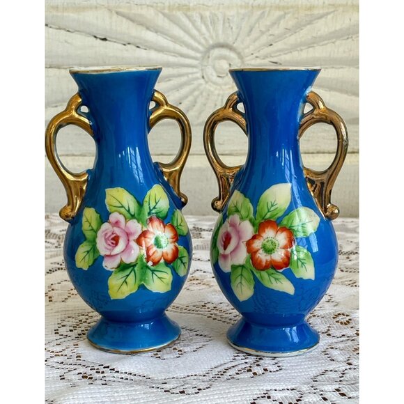 Vintage Pair 1950s Small Hand Painted Blue Flower Vases - Picture 7 of 11